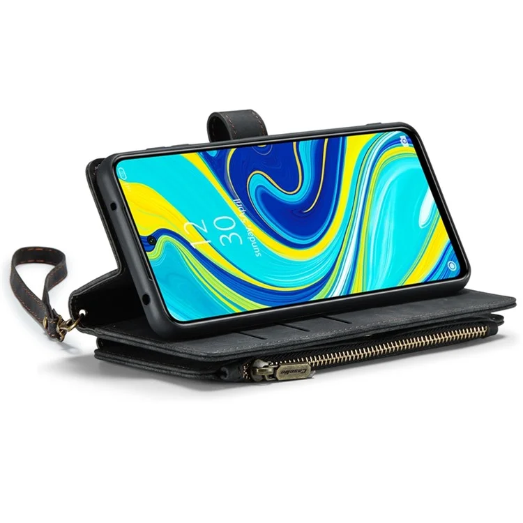 CASEME C30 Serie für Xiaomi Redmi Note 9 Pro 4G / Note 9 Pro Max / Note 9S 4G Sturzsichere Reißverschlusstasche Handytasche Stand PU-Lederschutz Kratzsicher Kartenfach - Schwarz