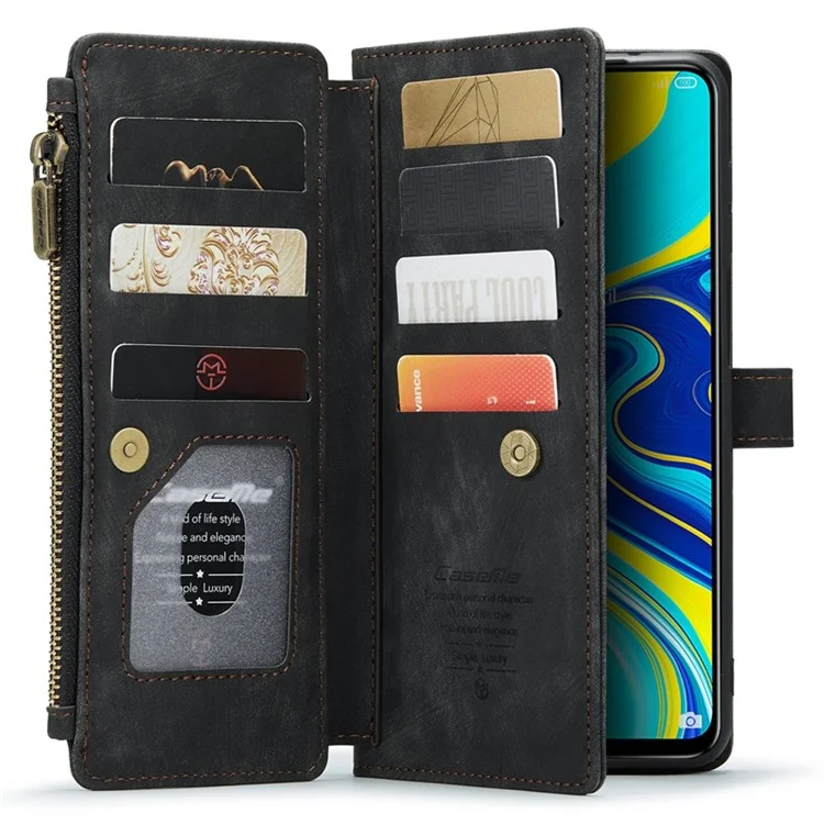 CASEME C30 Serie für Xiaomi Redmi Note 9 Pro 4G / Note 9 Pro Max / Note 9S 4G Sturzsichere Reißverschlusstasche Handytasche Stand PU-Lederschutz Kratzsicher Kartenfach - Schwarz
