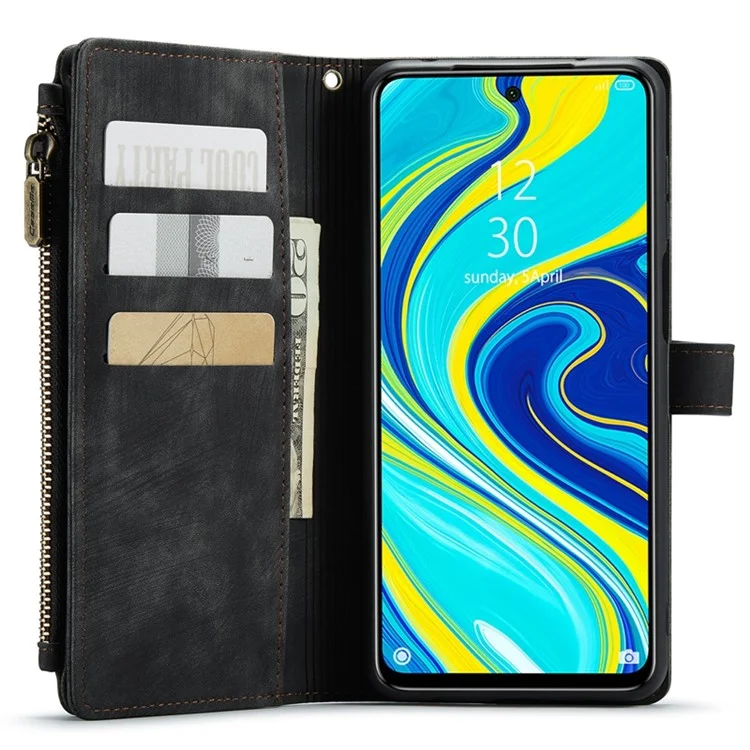 CASEME C30 Serie für Xiaomi Redmi Note 9 Pro 4G / Note 9 Pro Max / Note 9S 4G Sturzsichere Reißverschlusstasche Handytasche Stand PU-Lederschutz Kratzsicher Kartenfach - Schwarz