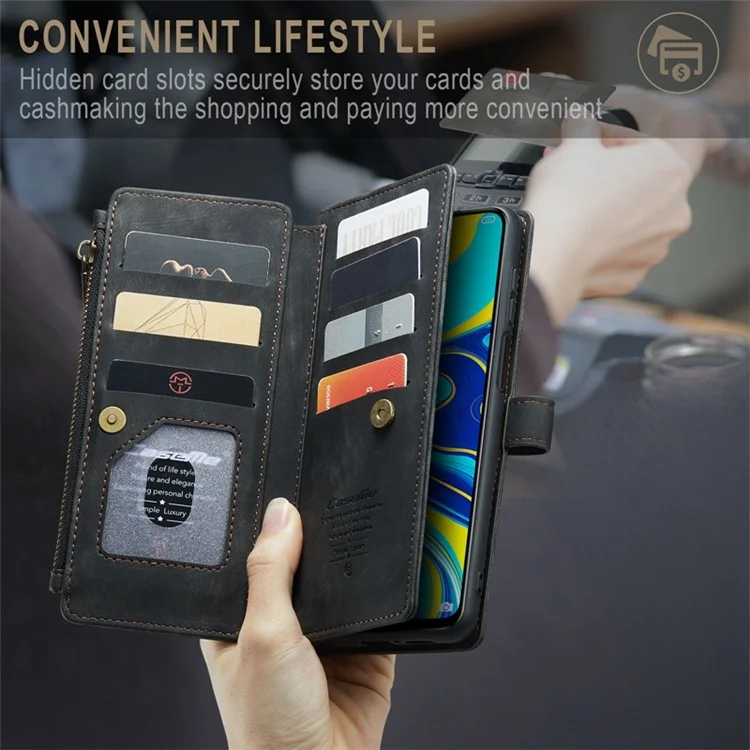 CASEME C30 Series for Xiaomi Redmi Note 9 Pro 4G / Note 9 Pro Max / Note 9S 4G Anti-drop Zipper Pocket Phone Wallet Case Stand PU Leather Anti-scratch Cover Card Holder - Black