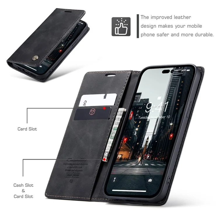 CASEME 013 Series Funda de billetera tipo Flip para iPhone 14 Pro Max de 6.7 pulgadas, soporte magnético que se absorbe automáticamente, a prueba de golpes, funda de teléfono de piel sintética PU - Negro