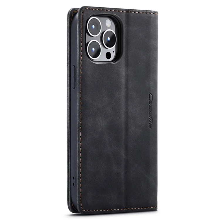 CASEME 013 Series Funda de billetera tipo Flip para iPhone 14 Pro Max de 6.7 pulgadas, soporte magnético que se absorbe automáticamente, a prueba de golpes, funda de teléfono de piel sintética PU - Negro