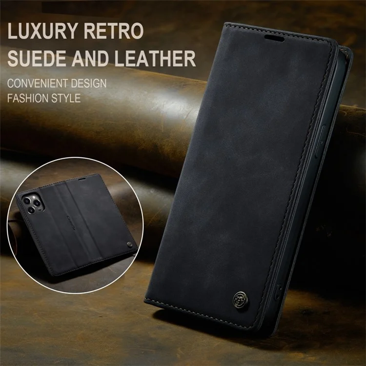 CASEME 013 Series Funda de billetera tipo Flip para iPhone 14 Pro Max de 6.7 pulgadas, soporte magnético que se absorbe automáticamente, a prueba de golpes, funda de teléfono de piel sintética PU - Negro