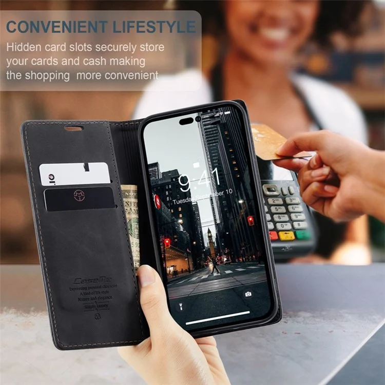 CASEME 013 Series Funda de billetera tipo Flip para iPhone 14 Pro Max de 6.7 pulgadas, soporte magnético que se absorbe automáticamente, a prueba de golpes, funda de teléfono de piel sintética PU - Negro