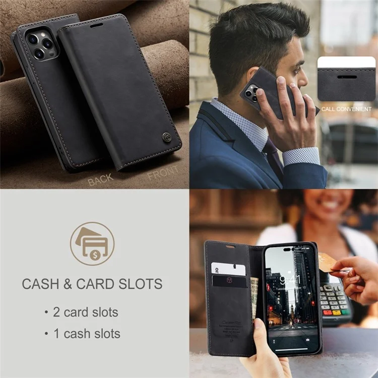 CASEME 013 Series Funda de billetera tipo Flip para iPhone 14 Pro Max de 6.7 pulgadas, soporte magnético que se absorbe automáticamente, a prueba de golpes, funda de teléfono de piel sintética PU - Negro
