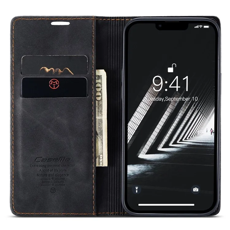CASEME 013 Series para iPhone 14 Plus 6.7 pulgadas Funda Flip a prueba de golpes Cubierta de billetera de piel de PU antisgaste Soporte magnético de absorción automática - Negro