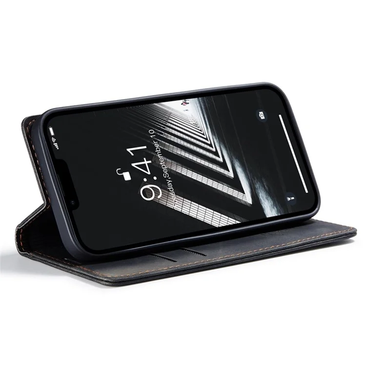 CASEME 013 Series para iPhone 14 Plus 6.7 pulgadas Funda Flip a prueba de golpes Cubierta de billetera de piel de PU antisgaste Soporte magnético de absorción automática - Negro
