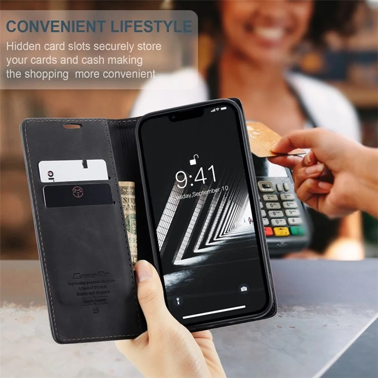 CASEME 013 Series para iPhone 14 Plus 6.7 pulgadas Funda Flip a prueba de golpes Cubierta de billetera de piel de PU antisgaste Soporte magnético de absorción automática - Negro