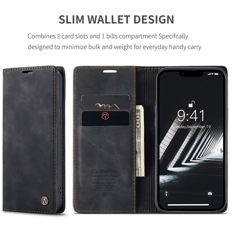 CASEME 013 Series para iPhone 14 Plus 6.7 pulgadas Funda Flip a prueba de golpes Cubierta de billetera de piel de PU antisgaste Soporte magnético de absorción automática - Negro