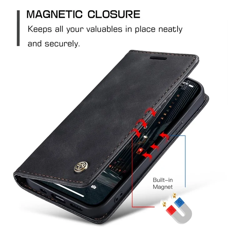 Série Caseme 013 Pour Iphone 14 Pro 6,1 Pouces Anti-bas PU en Cuir PU Boîte Magnétique Auto-absorbé Stand Anti-scratch Téléphone Cover - le Noir