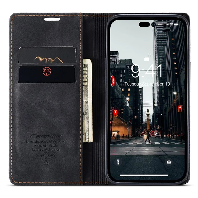 CASEME 013 Serie para iPhone 14 Pro 6.1 pulgadas Funda de Cartera de Cuero de PU Antifragmentación Imán Auto-absorbido Soporte Anti-arañazos Cubierta de Teléfono - Negro
