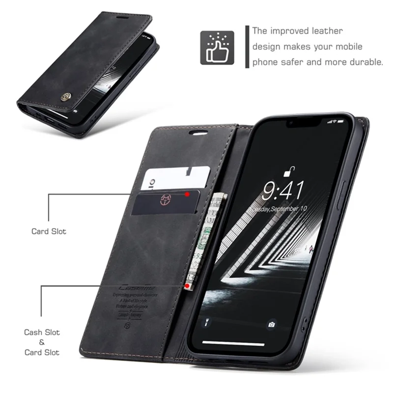 CASEME 013 Série para iPhone 14 6.1 polegadas Capa de carteira à prova de choque de couro PU magnética absorvida automaticamente - Preto