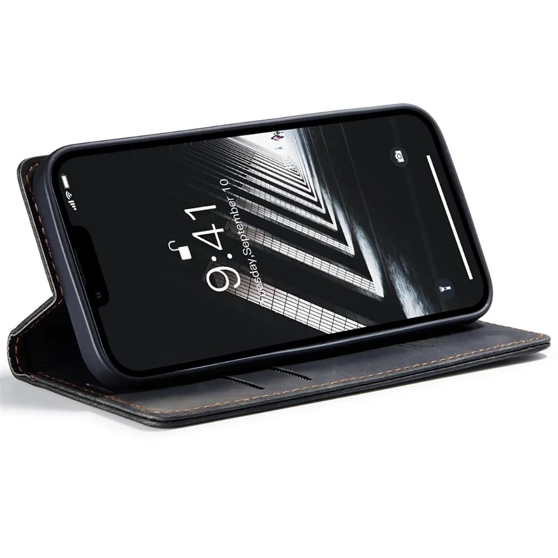 CASEME 013 Série para iPhone 14 6.1 polegadas Capa de carteira à prova de choque de couro PU magnética absorvida automaticamente - Preto