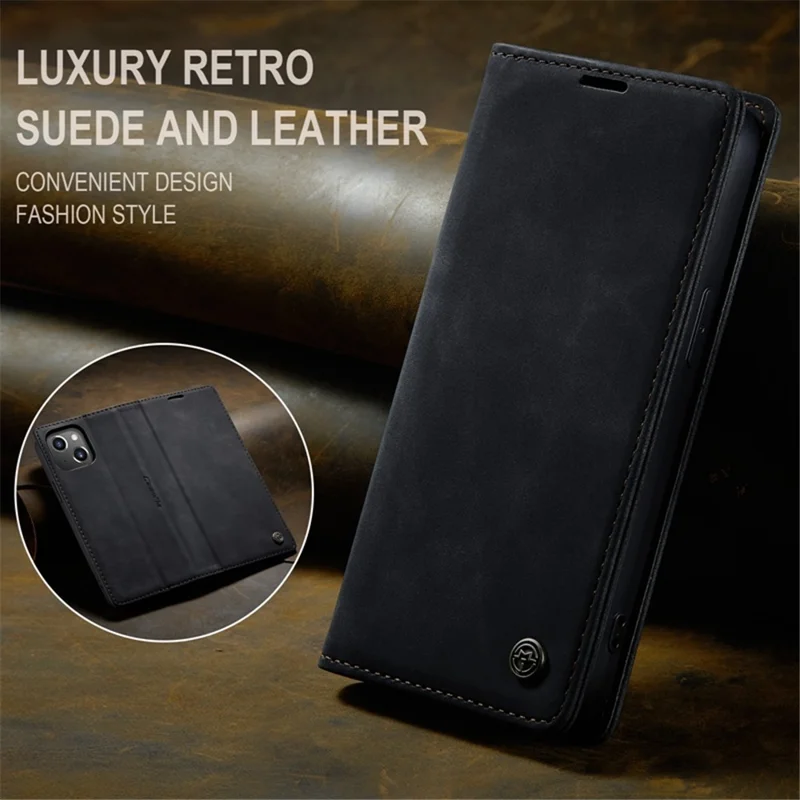 CASEME 013 Série para iPhone 14 6.1 polegadas Capa de carteira à prova de choque de couro PU magnética absorvida automaticamente - Preto