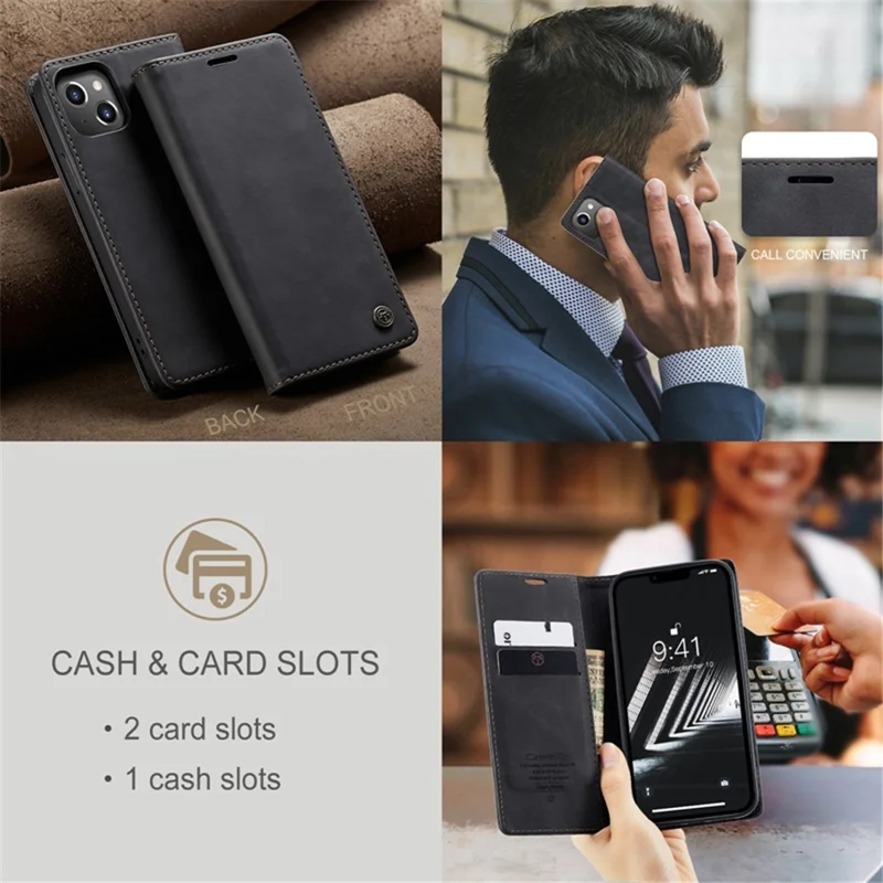CASEME 013 Série para iPhone 14 6.1 polegadas Capa de carteira à prova de choque de couro PU magnética absorvida automaticamente - Preto