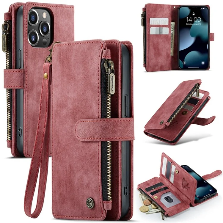 Caseme C30-serie Für Iphone 13 Pro Max 6,7 Zoll Schock-absorption Reißverschluss Taschenbrieftasche Hülle Ständer Mit Riemen Anti-wear-mobiltelefonabdeckungskartenhalter - Rot