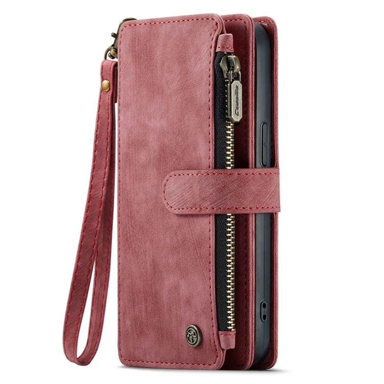 Caseme C30-serie Für Iphone 13 Pro Max 6,7 Zoll Schock-absorption Reißverschluss Taschenbrieftasche Hülle Ständer Mit Riemen Anti-wear-mobiltelefonabdeckungskartenhalter - Rot