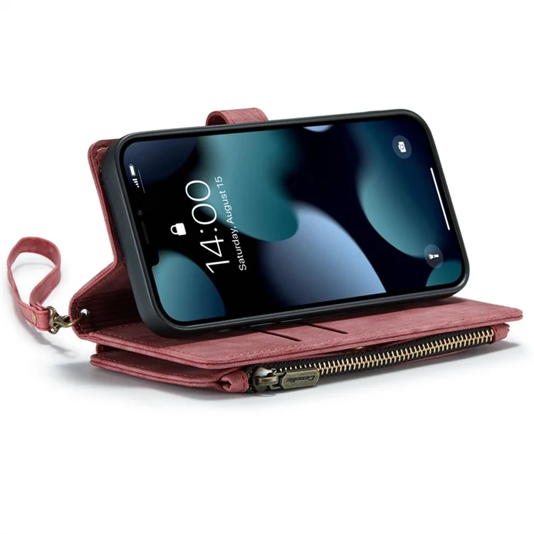 Caseme C30-serie Für Iphone 13 Pro Max 6,7 Zoll Schock-absorption Reißverschluss Taschenbrieftasche Hülle Ständer Mit Riemen Anti-wear-mobiltelefonabdeckungskartenhalter - Rot