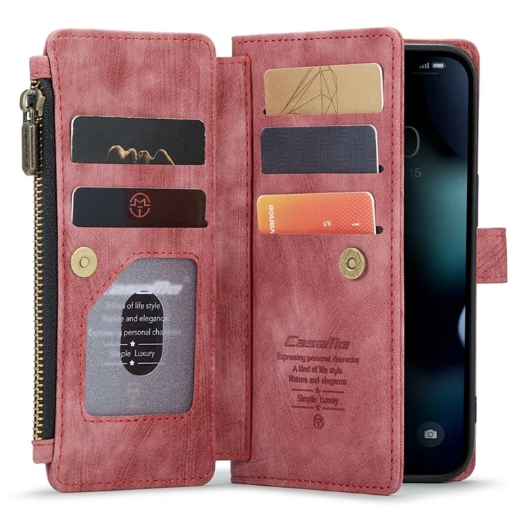 Caseme C30-serie Für Iphone 13 Pro Max 6,7 Zoll Schock-absorption Reißverschluss Taschenbrieftasche Hülle Ständer Mit Riemen Anti-wear-mobiltelefonabdeckungskartenhalter - Rot
