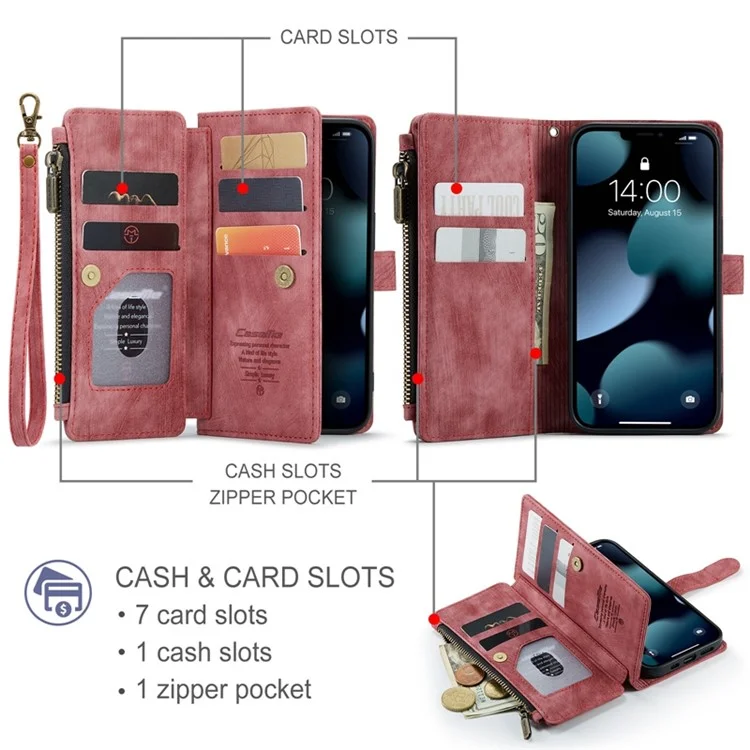 Caseme C30-serie Für Iphone 13 Pro Max 6,7 Zoll Schock-absorption Reißverschluss Taschenbrieftasche Hülle Ständer Mit Riemen Anti-wear-mobiltelefonabdeckungskartenhalter - Rot