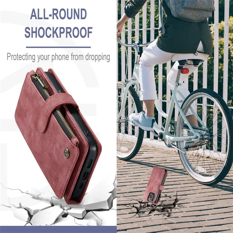 Caseme C30-serie Für Iphone 13 Pro Max 6,7 Zoll Schock-absorption Reißverschluss Taschenbrieftasche Hülle Ständer Mit Riemen Anti-wear-mobiltelefonabdeckungskartenhalter - Rot