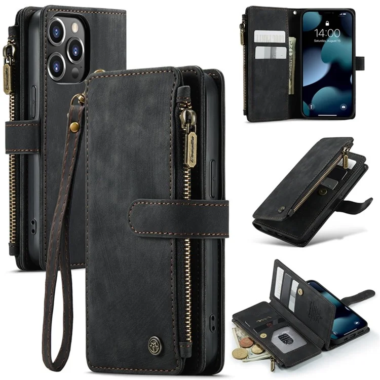 Serie Caseme C30 Per Iphone 13 Pro 6,1 Pollici di Protezione a Tutto Tondo Portafoglio Case di Portata Con Cerniera in Pelle PU Copertina Magnetica in Pelle PU Con Slot a Più Carte - Nero