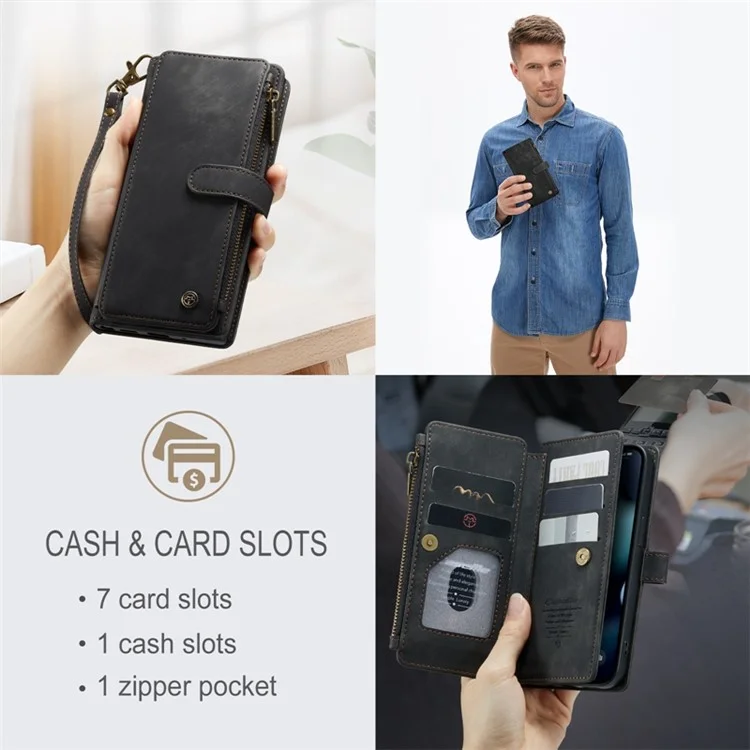Serie Caseme C30 Per Iphone 13 Pro 6,1 Pollici di Protezione a Tutto Tondo Portafoglio Case di Portata Con Cerniera in Pelle PU Copertina Magnetica in Pelle PU Con Slot a Più Carte - Nero
