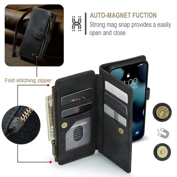 Serie Caseme C30 Per Iphone 13 Pro 6,1 Pollici di Protezione a Tutto Tondo Portafoglio Case di Portata Con Cerniera in Pelle PU Copertina Magnetica in Pelle PU Con Slot a Più Carte - Nero