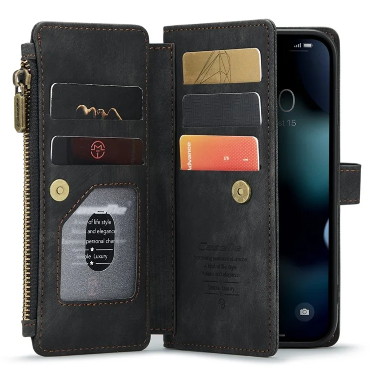Serie Caseme C30 Per Iphone 13 Pro 6,1 Pollici di Protezione a Tutto Tondo Portafoglio Case di Portata Con Cerniera in Pelle PU Copertina Magnetica in Pelle PU Con Slot a Più Carte - Nero