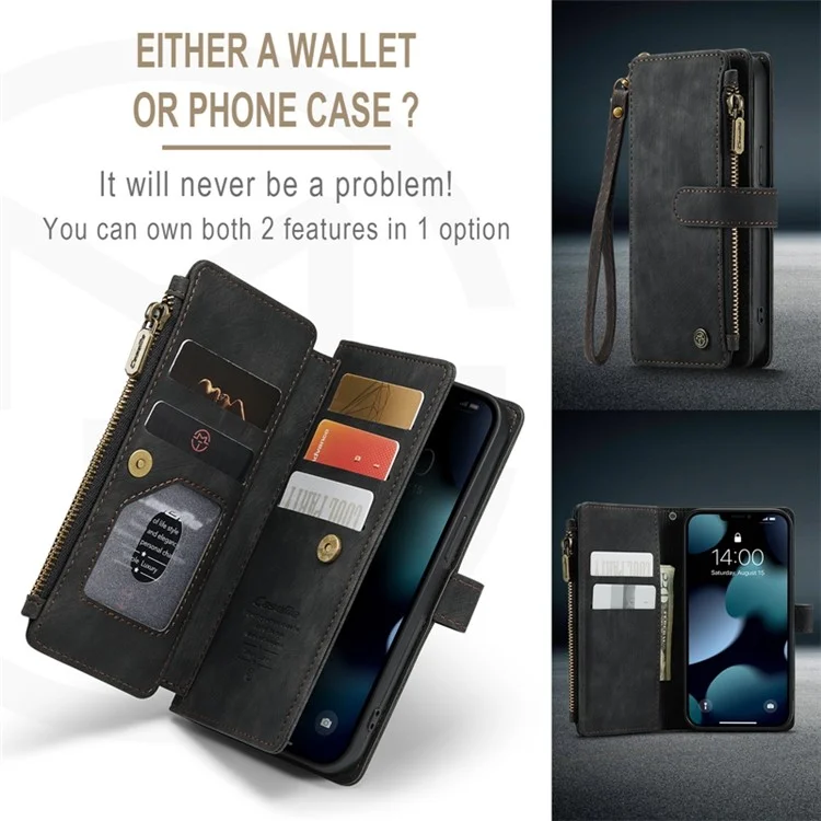 Serie Caseme C30 Per Iphone 13 Pro 6,1 Pollici di Protezione a Tutto Tondo Portafoglio Case di Portata Con Cerniera in Pelle PU Copertina Magnetica in Pelle PU Con Slot a Più Carte - Nero