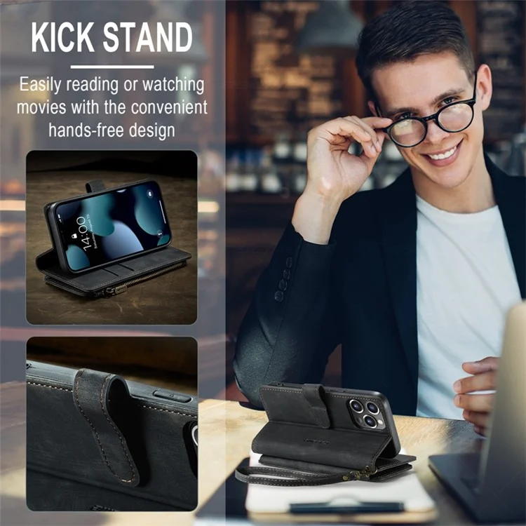 Serie Caseme C30 Per Iphone 13 Pro 6,1 Pollici di Protezione a Tutto Tondo Portafoglio Case di Portata Con Cerniera in Pelle PU Copertina Magnetica in Pelle PU Con Slot a Più Carte - Nero