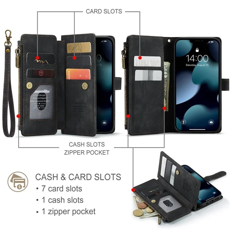 Serie Caseme C30 Per Iphone 13 Pro 6,1 Pollici di Protezione a Tutto Tondo Portafoglio Case di Portata Con Cerniera in Pelle PU Copertina Magnetica in Pelle PU Con Slot a Più Carte - Nero