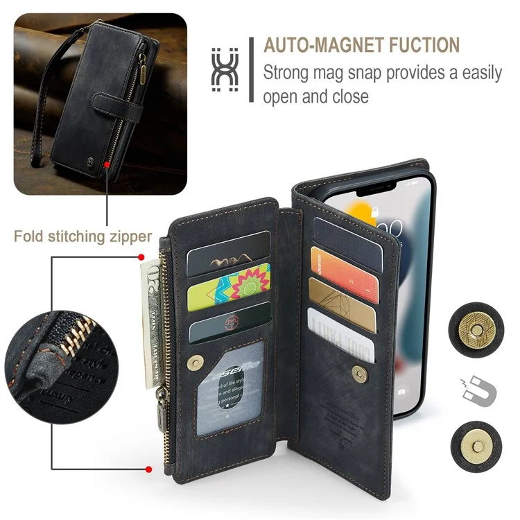 CASEME C30 Series Anti-drop Phone Case für iPhone 12 Pro Max 6.7 Zoll, multifunktionaler Reißverschlusstaschen-Portemonnaie-Handyhülle aus PU-Leder mit Ständer, Kartenfächern und Trageriemen - Schwarz