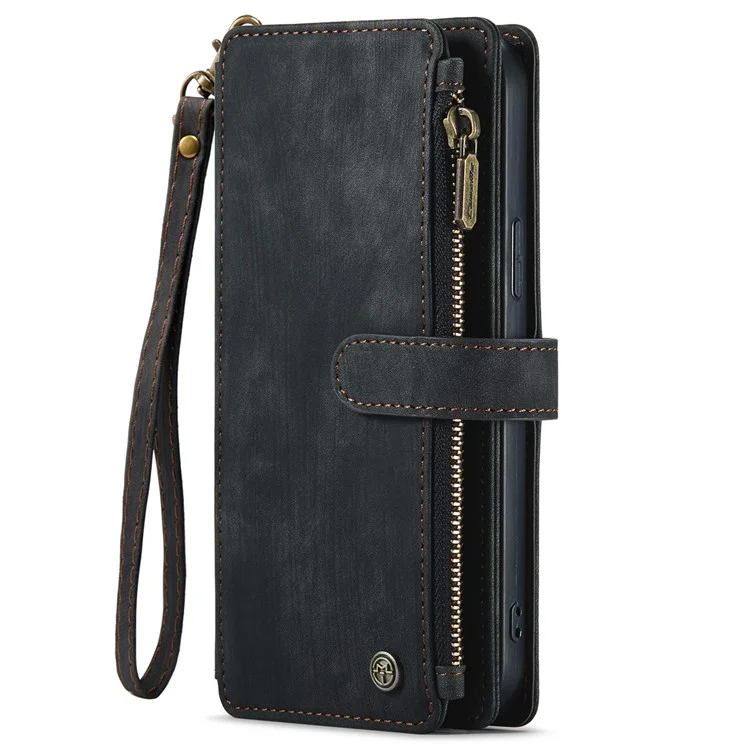 CASEME C30 Series Anti-drop Phone Case für iPhone 12 Pro Max 6.7 Zoll, multifunktionaler Reißverschlusstaschen-Portemonnaie-Handyhülle aus PU-Leder mit Ständer, Kartenfächern und Trageriemen - Schwarz