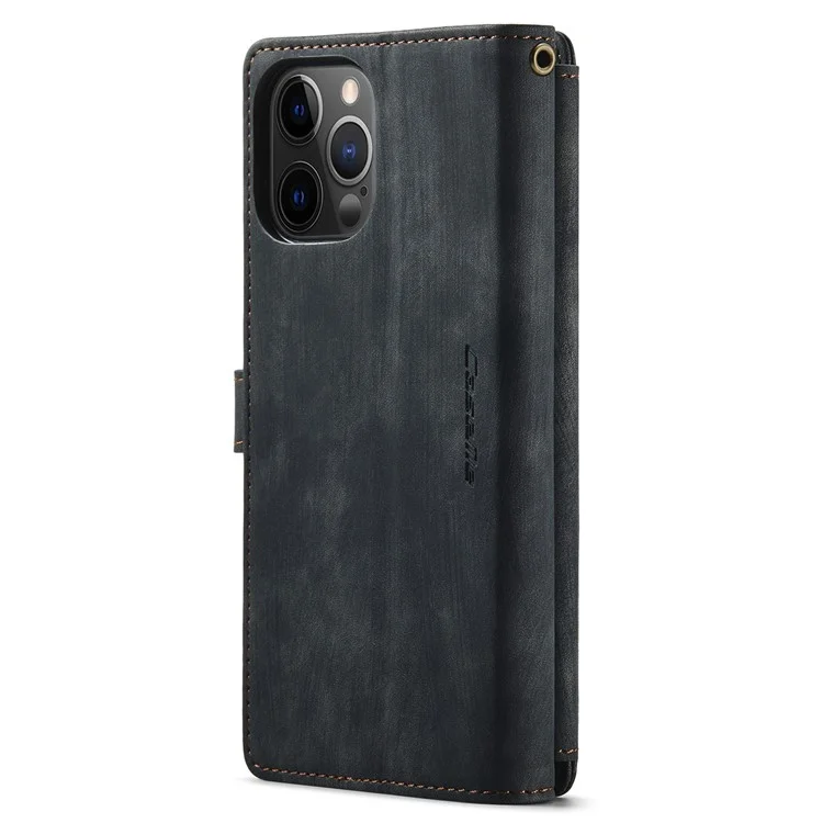 CASEME C30 Series Anti-drop Phone Case für iPhone 12 Pro Max 6.7 Zoll, multifunktionaler Reißverschlusstaschen-Portemonnaie-Handyhülle aus PU-Leder mit Ständer, Kartenfächern und Trageriemen - Schwarz
