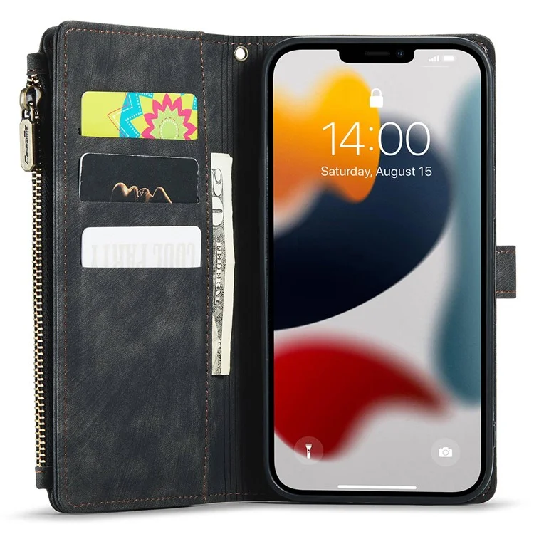 CASEME C30 Series Anti-drop Phone Case für iPhone 12 Pro Max 6.7 Zoll, multifunktionaler Reißverschlusstaschen-Portemonnaie-Handyhülle aus PU-Leder mit Ständer, Kartenfächern und Trageriemen - Schwarz