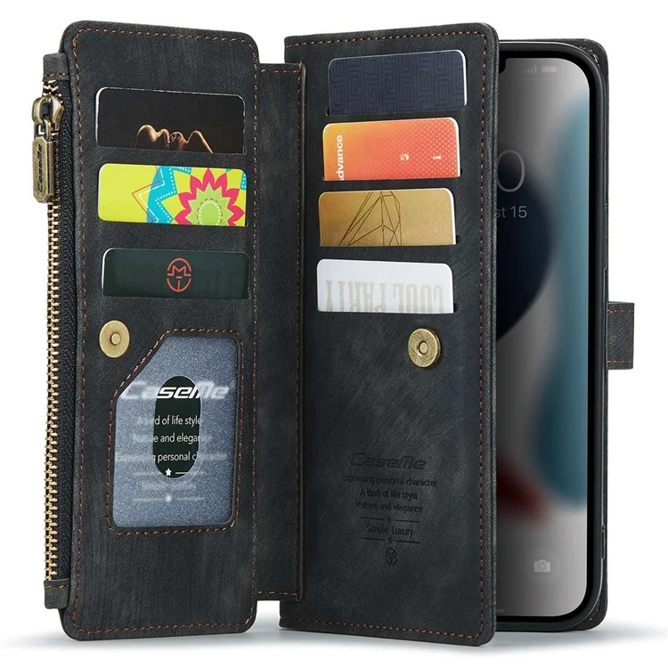 CASEME C30 Series Anti-drop Phone Case für iPhone 12 Pro Max 6.7 Zoll, multifunktionaler Reißverschlusstaschen-Portemonnaie-Handyhülle aus PU-Leder mit Ständer, Kartenfächern und Trageriemen - Schwarz