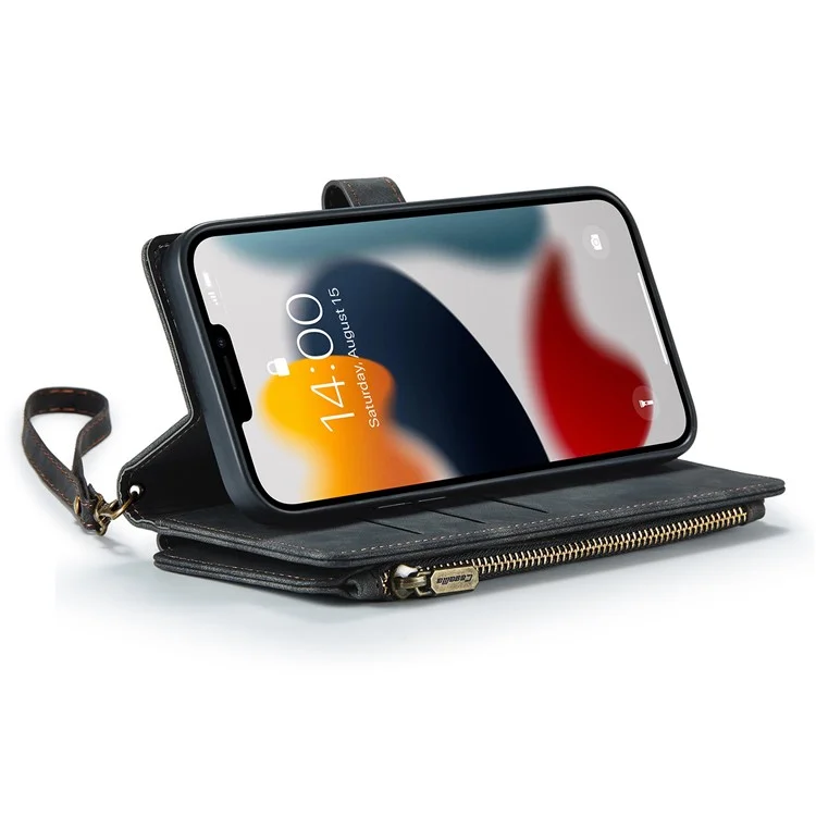 CASEME C30 Series Anti-drop Phone Case für iPhone 12 Pro Max 6.7 Zoll, multifunktionaler Reißverschlusstaschen-Portemonnaie-Handyhülle aus PU-Leder mit Ständer, Kartenfächern und Trageriemen - Schwarz