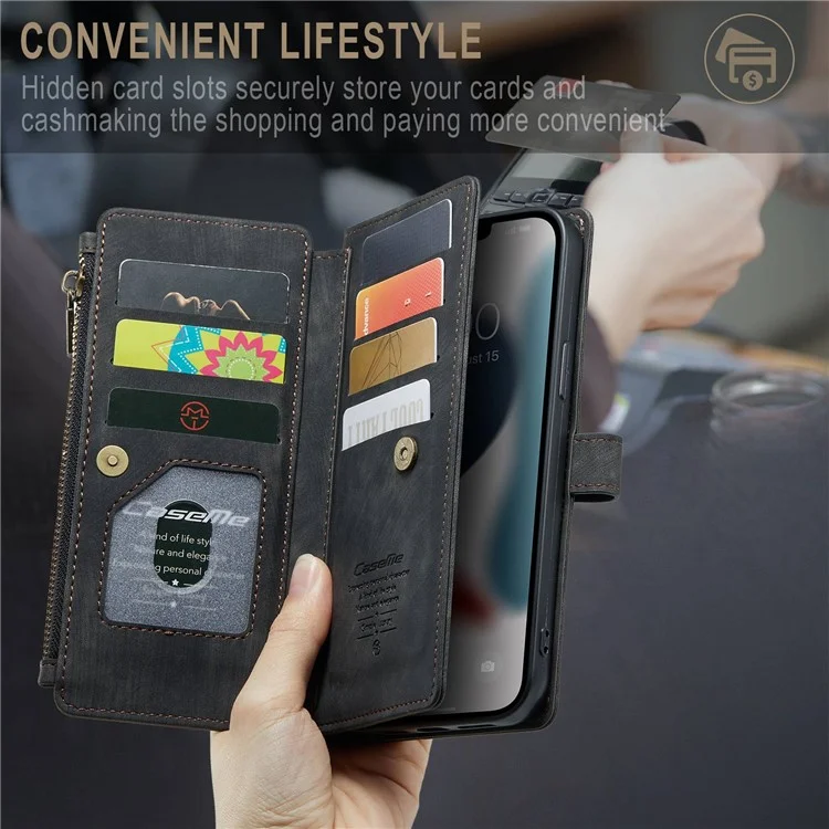 CASEME C30 Series Anti-drop Phone Case für iPhone 12 Pro Max 6.7 Zoll, multifunktionaler Reißverschlusstaschen-Portemonnaie-Handyhülle aus PU-Leder mit Ständer, Kartenfächern und Trageriemen - Schwarz