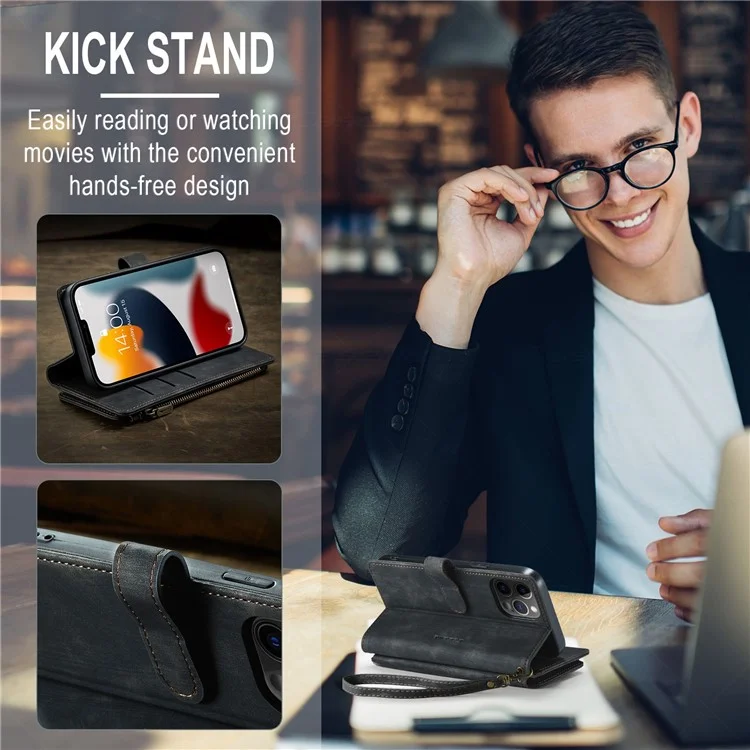 CASEME C30 Series Anti-drop Phone Case für iPhone 12 Pro Max 6.7 Zoll, multifunktionaler Reißverschlusstaschen-Portemonnaie-Handyhülle aus PU-Leder mit Ständer, Kartenfächern und Trageriemen - Schwarz