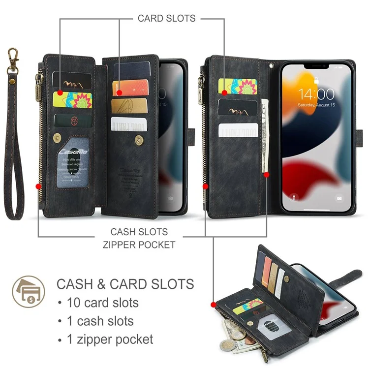 CASEME C30 Series Anti-drop Phone Case für iPhone 12 Pro Max 6.7 Zoll, multifunktionaler Reißverschlusstaschen-Portemonnaie-Handyhülle aus PU-Leder mit Ständer, Kartenfächern und Trageriemen - Schwarz