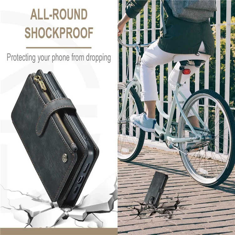 CASEME C30 Series Anti-drop Phone Case für iPhone 12 Pro Max 6.7 Zoll, multifunktionaler Reißverschlusstaschen-Portemonnaie-Handyhülle aus PU-Leder mit Ständer, Kartenfächern und Trageriemen - Schwarz