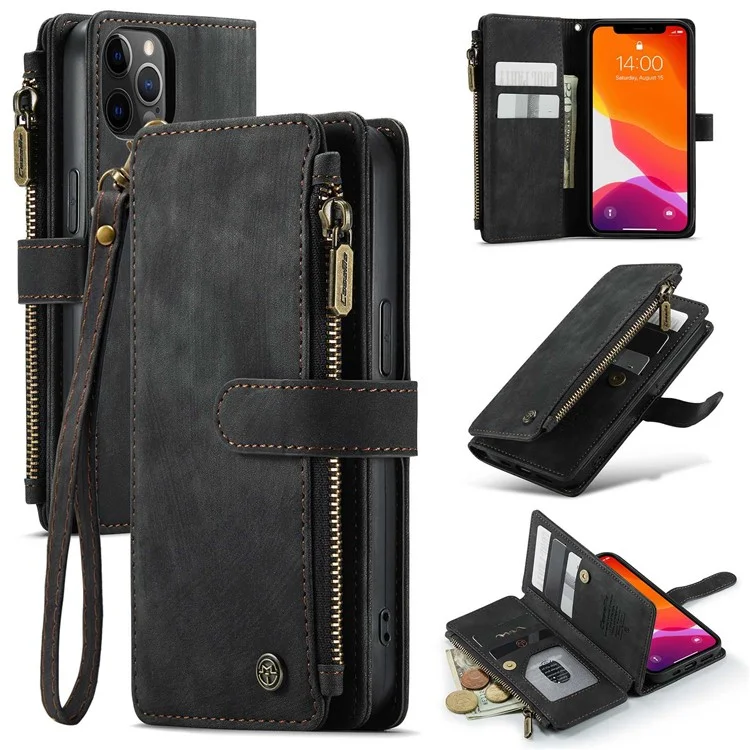 CASEME C30 Series pour iPhone 12 / 12 Pro 6.1 pouces Étui portefeuille à fermeture éclair résistant aux chocs Housse en cuir PU avec support Plusieurs fentes pour cartes - Noir