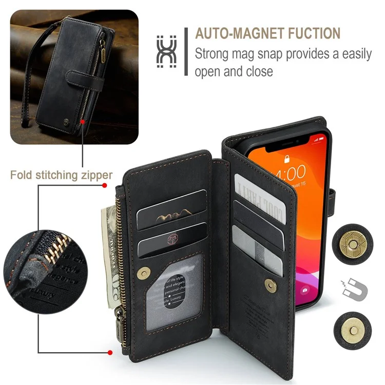 CASEME C30 Series pour iPhone 12 / 12 Pro 6.1 pouces Étui portefeuille à fermeture éclair résistant aux chocs Housse en cuir PU avec support Plusieurs fentes pour cartes - Noir