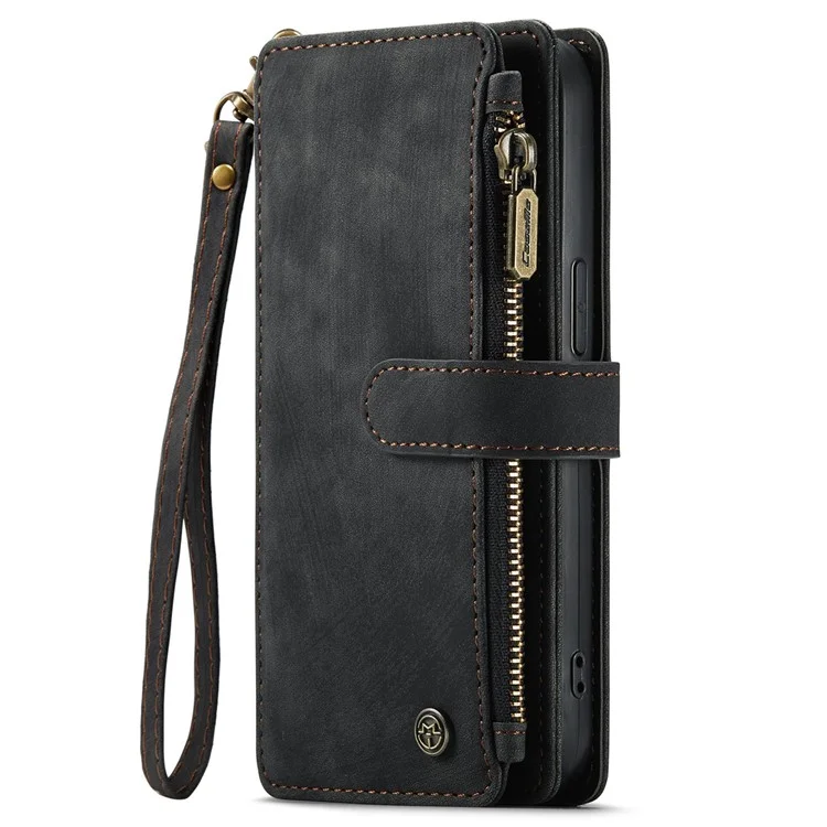 CASEME C30 Series pour iPhone 12 / 12 Pro 6.1 pouces Étui portefeuille à fermeture éclair résistant aux chocs Housse en cuir PU avec support Plusieurs fentes pour cartes - Noir