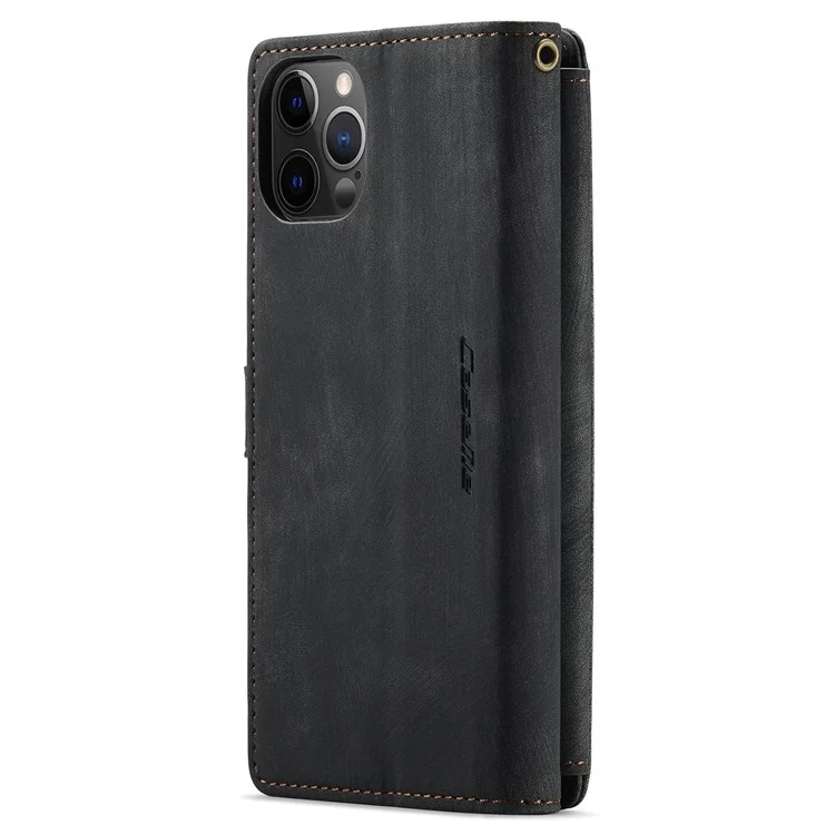 CASEME C30 Series pour iPhone 12 / 12 Pro 6.1 pouces Étui portefeuille à fermeture éclair résistant aux chocs Housse en cuir PU avec support Plusieurs fentes pour cartes - Noir