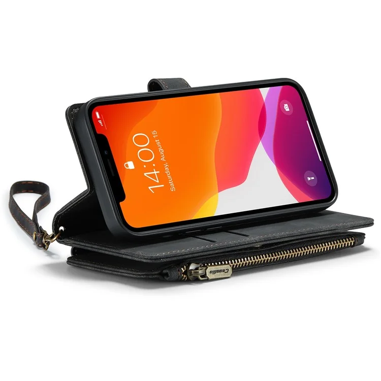 CASEME C30 Series pour iPhone 12 / 12 Pro 6.1 pouces Étui portefeuille à fermeture éclair résistant aux chocs Housse en cuir PU avec support Plusieurs fentes pour cartes - Noir