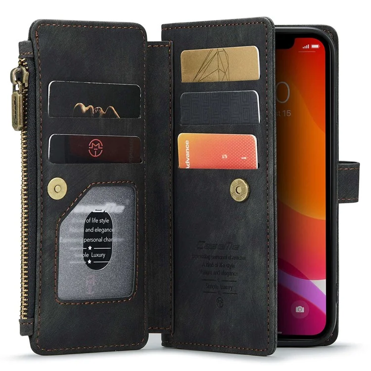 CASEME C30 Series pour iPhone 12 / 12 Pro 6.1 pouces Étui portefeuille à fermeture éclair résistant aux chocs Housse en cuir PU avec support Plusieurs fentes pour cartes - Noir