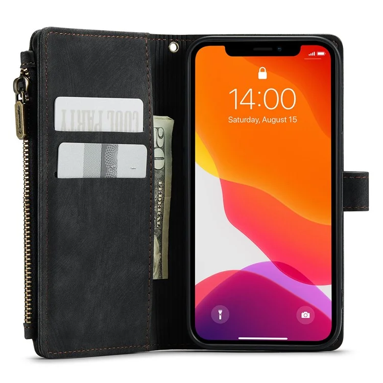 CASEME C30 Series pour iPhone 12 / 12 Pro 6.1 pouces Étui portefeuille à fermeture éclair résistant aux chocs Housse en cuir PU avec support Plusieurs fentes pour cartes - Noir