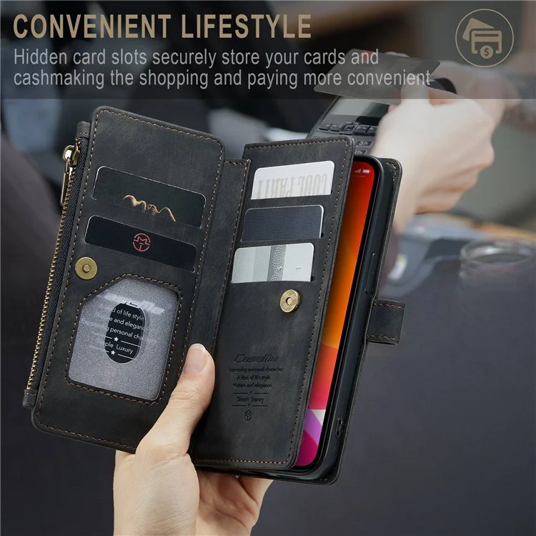 CASEME C30 Series pour iPhone 12 / 12 Pro 6.1 pouces Étui portefeuille à fermeture éclair résistant aux chocs Housse en cuir PU avec support Plusieurs fentes pour cartes - Noir